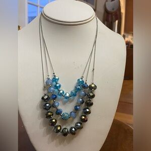 Vintage 3 Strand Multi Layered Blue Crystal Necklace Signed NY, Costume, Fashion